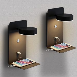 Subzonal-Lot De 2 Applique Murale Chambre Led Avec Port De Charge Usb, Lampe Murale Tactile Dimmable, Applique Murale 12w Int&eacute;rieure Noir Avec Fil De Prise, 350&deg; Lampe De Lecture Murale Rotative - Neuf