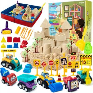 Coffret Sable Magique 2 Livres avec Véhicules et Panneaux – Bac à Sable Pliable – Jeu de Construction Créatif Enfant 3&#43; - Neuf