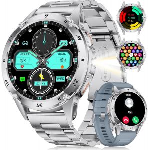 Montre Connectée Homme,1.43'' Smartwatch Homme Avec Appel Bluetooth/Led Lampe/530 Mah Batterie/110+ Modes Sportifs,24/7 Moniteur De Fréquence Cardiaque Spo2 Et Sommeil Pour Android Ios,Argent - Neuf