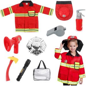 ERYI-Déguisement Pompier Enfant, Enfants Costume De Pompier, Avec 8 Pompier Accessoires, Jeu De Rôle Pompier Jouet Garçon Fille Uniforme De Pompier 3-8 Ans, Pompiers Jouer À Des Jeux D'Habillage - Neuf