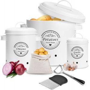 Boite Pomme De Terre,Lot De 3 Rangement Pomme De Terre,Pot À Oignons,Pot À Ail,Pots Et Bocaux De Conservation Rangement En Métal Conception Aérée Pour Un Rangement Facile (Blanc) - Neuf