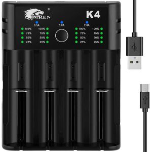 CMWX-IMREN Chargeur Piles Rechargeable 18650, Charge Rapide pour Batterie 3,7V 18650 14500 14650 17500 18350 18650 18700 20700 21700 22650 26650, 1,2V Ni-MH/Ni-CD Pile AA AAA C (4 Baies) - Neuf