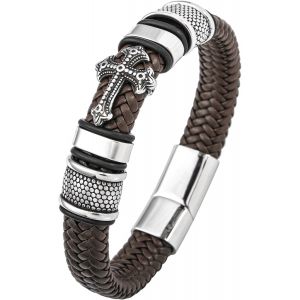 Eryi-Bracelet Homme Cuir, Bracelet Vikings Homme, Croix Chretienne Hommes Bracelets Acier Argent Noir, Bijoux Cadeau Hommes - Neuf