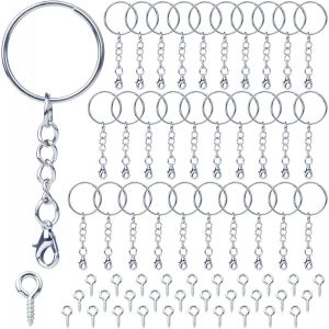 KAL-Attache Porte Cléf 60 Pièces Anneau Porte Clé Avec Chaîne, 25 Mm Anneaux Porte Clé Loisir Creatif Kit Porte Clef A Fabriquer Pour Diy Bricolage Bijoux(Argent) - Neuf