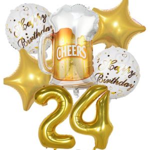 SJZG-Ballon 24 Ans Anniversaire Homme Femme, Decoration Anniversaire 24 Ans, Ballon Anniversaire 24 Ans Or, Ballon Bière Ballon Bouteille Verre À Vin Decoration Pour Anniversaire 24 Ans Femme Homme - Neuf