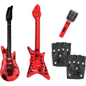 Kit de f&ecirc;te Punk Rock 4 pi&egrave;ces, Guitare Gonflable, Basse Gonflable, Gants en Cuir PU avec Rivets, Accessoires de v&ecirc;tements Disco Heavy Metal des ann&eacute;es 70, 80 et 90, Spectacles, f&ecirc;tes - Neuf