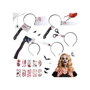 Accessoires Halloween Lot De 35 Pi&egrave;ces : 5 Serre-T&ecirc;tes Couteau Couperet Seringue Et 30 Tatouages Cicatrices D&eacute;guisement Zombie - Neuf