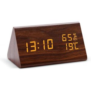 Réveil Numérique en Bois pour Chevet Détection d'humidité et de Température Intensité Variable 3 Réglages d'alarme Noir_Blanc - Neuf