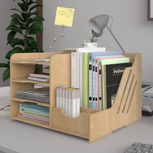 JEXNOVASHOP-Organisateur de Bureau Multifonctionel Bo&icirc;te de Rangement Bureau &Eacute;tag&egrave;re de Stockage et Porte-Documents Compartiment de Rangement en Bois pour Bureau Maison et &Eacute;cole(4 Niveaux) - Neuf