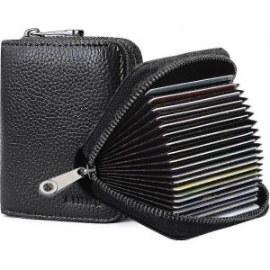 RFID 20 emplacements pour cartes Porte-carte de crédit en cuir véritable Petit porte-carte pour femmes ou hommes Portefeuille accordéon avec fermeture éclair - Neuf