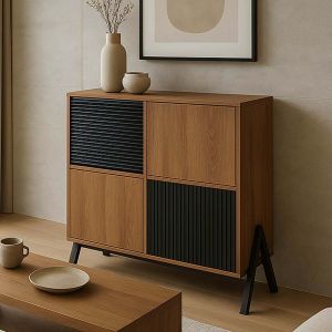 Commode HWC-O40, armoire buffet haut avec portes et compartiments de rangement, MDF m&eacute;tal m&eacute;lamin&eacute; 94x79x40cmnaturel - Neuf