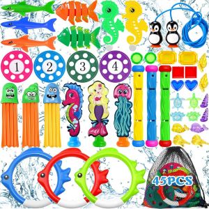 MDY-Jouet Piscine 45 Pièces Jouets de Plongée, Jeux Piscine Enfant Jeu Exterieur Enfant Cadeau Garçon Fille 3-12 Ans, Anneaux de Plongée,Torpedo Bandits avec Un Sac, Enfants L'entraînement sous-Ma - Neuf