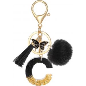Tianyi-Porte Clé Lettre Avec Initiale, Porte Clef Alphabet Avec Pendentif Pompon Tassel Papillon Pour Femmes Filles, Charme De Porte Clés En Résine Noir Pour Clé De Voiture Sac À Main Décor - Neuf