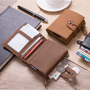HJLIAN Portefeuille de poche en cuir PU anti-RFID, porte-cartes de credit, d'identite, d'argent liquide, porte-monnaie a fermeture eclair (cafe) - Neuf