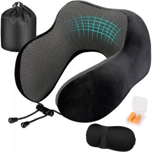 Trahoo-Coussin De Voyage, Oreiller De Voyage À Memoire De Forme, Coussin Voyage Ergonomique Pour Avion Et Train, Masque Pour Dormir, Bouchons D' Oreilles, Sac Transport Inclus - Neuf