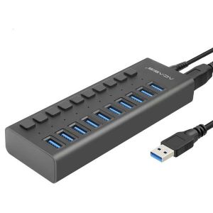 Hub r&eacute;partiteur USB 3.0 avec 10 ports et adaptateur d'alimentation externe - Mod&egrave;le HS-701PB - Neuf