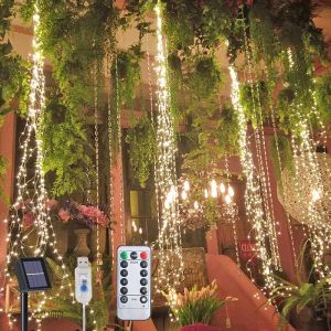 Guirlande Lumineuse Solaire, 10 Brins 200 Led Faisceau Lumineux À Led Décoratives Avec Télécommande, 8 Modes Étanches Chaîne De Lumière Blanche Chaude Pour Jardin, Fête, Noël, Mariage - Neuf