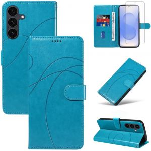KALANKA-Coque Compatible avec Samsung Galaxy S25 FE 5G (Pas pour S25) avec 1 Pi&egrave;ce Protection &Eacute;cran en Verre Tremp&eacute;, Housse PU Cuir &agrave; Rabat Flip, &Eacute;tui Support et Portefeuille Fonction (Bleu Ciel) - Neuf