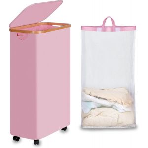 KAL-Panier À Linge Sur Roues, Panier À Linge Étroit 75L Avec Couvercle, Rose Panier À Linge Pliable Avec Poignées En Bambou Et Sac Amovible Pour La Chambre, La Salle De Bain, La Buanderie - Neuf