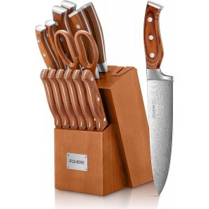 Mevronisshop-Couteau De Cuisine 14 Pi&egrave;ces Ensemble Set Couteaux De Cuisine En Acier Inoxydable Avec Bloc En Bois, Bloc De Couteaux Avec Aff&ucirc;teur Int&eacute;gr&eacute;, Brun - Neuf