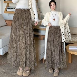 Jupe Plissée À Taille Élastique, Jupe Trapèze Décontractée, Jupe Longue Mi-Longue En Laine Chenille Imprimée, Jupe Longue Polyvalente Pour L'hiver - Neuf