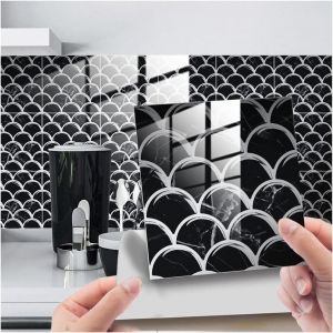 25pcs/Set 3d Mosaïque Stickers Pour La Cuisine Et La Salle De Bain, En Noir Et Blanc Des Écailles De Poisson, Imperméable, Preuve D'huile, Stickers Muraux - Neuf