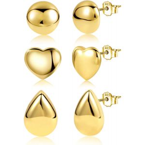 Kal-Ensemble De Boucles D'oreilles Créoles Épaisses En Or Pour Femme, 3 Paires De Petites Boucles D'oreilles Créoles Épaisses En Forme De Dôme/C?ur/Goutte D'eau En Argent Sterling Pour Tous Les Jours - Neuf