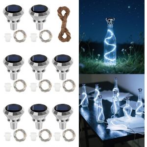 Lot de 8 guirlandes lumineuses solaires à LED pour bouteille de vin, 2 m, 20 LED, guirlande lumineuse d'extérieur en liège pour bouteille, bricolage, fête, jardin, décoration de mariage - Neuf
