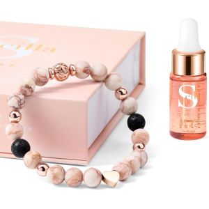 Jgd-Bracelet Diffuseur Huile Essentielle - Pierre De Lave & Cristal Avec Breloque Coeur - Mélange Apaisant Pour Relaxation - Cadeau D'anniversaire Original Pour Femmes (Taille M) - Neuf