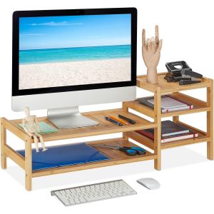 Support d'écran en Bambou,5 tiroirs,réhausseur d'écran d'ordinateur et Laptop,HxLxP : 33x80x30 cm,Naturel - Neuf