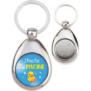 KAL-Porte Clés Métal Goutte Jeton De Caddie J'Peux Pas J'Ai Piscine - Canard Jaune Fond Bleu - Neuf