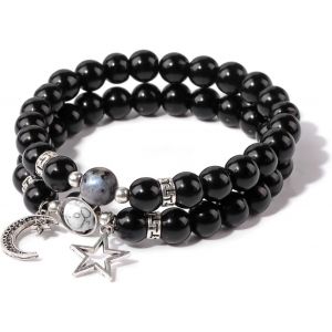 Eryi-2 Pièces Multicouches Pierre Naturelle Bracelet 8mm,Bracelets Avec Étoile La Lune Accessoires,Bracelet De Perles,Bracelet Superposition Élastique - Neuf