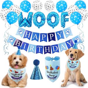 Trahoo-Décorations De Fête D'anniversaire Pour Chien, Kit De Fête D'anniversaire Pour Animaux De Compagnie,Anniversaire Fête Décor Ballons Pour Célébrer L'anniversaire Du Chien Avec Bannière (Bleu) - Neuf