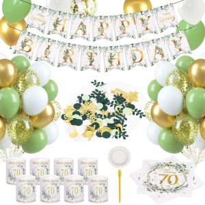 Letnerny-Déco Anniversaire 70 Ans, Lanterne Bougies Déco De Table, Serviette, Confettis, Ballons, Bannière Joyeux Anniversaire 70 Ans, Vert, Or - Neuf