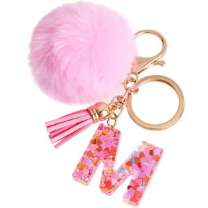 KAL-Porte-Cl&eacute;s Rose Avec Lettre Porte-Cl&eacute;s Fille Initiale Cadeau Femmes Porte-Cl&eacute;s Boule De Poils D&eacute;corer Pour Sac Sac &Agrave; Dos Porte-Clef Gland Or Porte-Clef Femme - Neuf