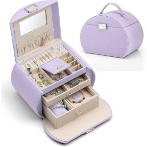 Mevronisshop-Bo&icirc;te &Agrave; Bijoux, Coffret &Agrave; Bijoux Avec 3 Niveaux, Rangement Pour Colliers, Bagues, Montres, Avec Miroir Et Poign&eacute;e, Carte De Voeux, Cadeaux Pour Les Filles Et Les Femmes (Violet) - Neuf