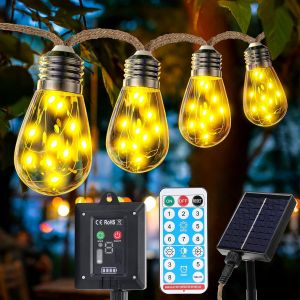 Kal-Guirlande Lumineuse Solaire D'extérieur Avec 20 Ampoules Ip65, 8 Modes, Résistante Aux Intempéries, Blanc Chaud, Vintage, Avec Corde De Chanvre, Pour Jardin, Fête, Balcon, Terrasse - Neuf