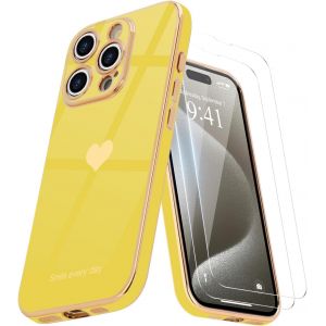 Eryi-Coque Compatible Avec Iphone 15 Pro + 2 Films De Protection D'écran, Coque Pour Filles, Coque Galvanisée, Protection D'appareil Photo, Coque De Téléphone Pour Iphone 15 Pro, Jaune - Neuf