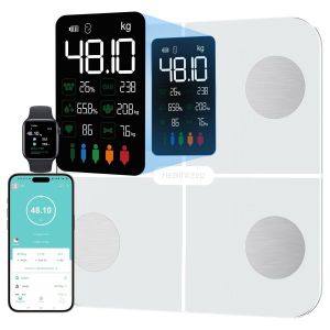 Balance P&egrave;se Personne, Healthkeep Balance Connect&eacute;e Imp&eacute;dancem&egrave;tre Grand &Eacute;cran Va Avec Fr&eacute;quence Cardiaque Avec 15 Mesures Avec App Pour Andriod Et Ios 180kg/400lb/28st, Blanc - Neuf