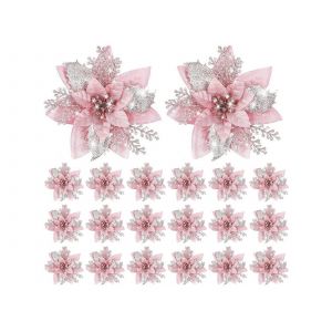 Lot de 20 poinsettias artificiels roses pour d&eacute;coration de sapin de No&euml;l - Neuf