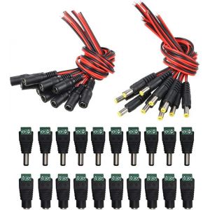 20Pcs 5.5 X 2.1mm DC Connecteur Kit: 10 Paire DC Power Jack Adaptateur Vis Borne Connecteur + 10 Paire DC Pigtail Cable, Connecteur pour la caméra CCTV, LED ou d'autres dispositifs de DC 12V - Neuf