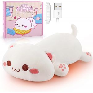 JGD-Coussin chauffant &eacute;lectrique pour soulager la douleur, cou, &eacute;paules, dos, unisexe, aliment&eacute; par USB, couverture en peluche en forme de chat (blanc) - Neuf