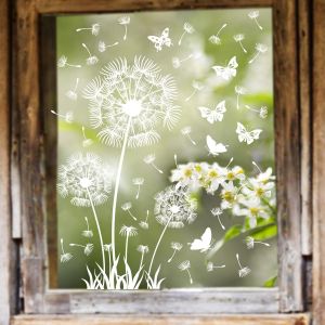 Trahoo-Stickers Fenêtre Fleurs De Pissenlit Blanc Réutilisable (85x60 Cm) I Stickers Vitres Décoratifs Fleurs Papillon Printemps Été I Autocollant Fenêtre Salon Chambre Cuisine (Non Adhésif) - Neuf