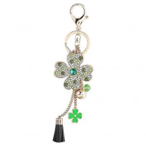 Porte-Bonheur Quatre Feuilles Trèfle Avec Pompon Porte-Clés Voiture Porte-Clés Cristal Strass Femmes Sac À Main Pendentif - Neuf