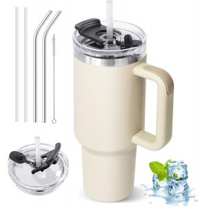 Mevronisshop-Mug Isotherme Avec Paille, 1200ml Tasse Isotherme Avec Poign&eacute;e Et Couvercle, Gobelet Travel Mug Tumbler Avec Couverture Multifonction - Neuf