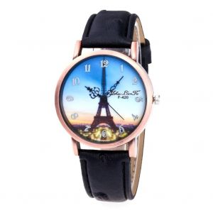 Zhoulianfa À La Mode Unisexe Décontracté Tour Eiffel Bracelet En Cuir Montre À Quartz Montre-Bracelet (Noir) - Neuf
