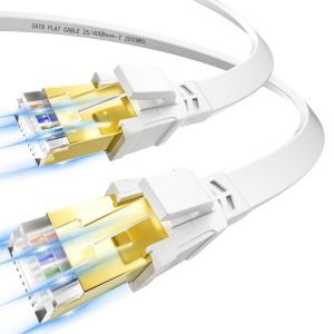 Ethernet Cable 3 m Cat 8, Flat RJ45 Network Cable 3 m High Speed Fibre 40Gbps 2000MHz, Shielded Wifi Cable Gigabit Internet LAN Cable White for Router Modem PS5/4 - Neuf