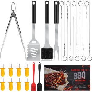 Outils de Barbecue avec spatule, Fourchette, Pince &agrave; Barbecue, Baguette, brochettes et Porte-&eacute;pis de ma&iuml;s, Brosse en Silicone, Coffret Cadeau pour Homme et Femme - Neuf