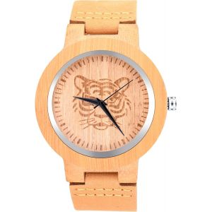 Eryi-Montre À Quartz En Bois De Bambou, Montres En Bois Pour Homme Et Femme, Montre En Bois Naturel À Motif Tête De Tigre, Bracelet En Cuir, Cadran De Bois, Montre Décontractée Décorative - Neuf