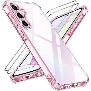 LORANKA-Anti-Jaunissement HD Clair Coque pour Samsung Galaxy A55 5G avec 2 Pi&egrave;ces Verre Tremp&eacute;, Transparente &Eacute;tui de Protection Militaire Antichoc avec Coins Renforc&eacute;s Mince Bumper Housse (Violet) - Neuf